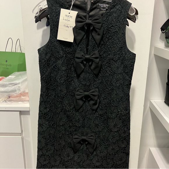 kate spade - $498 Black Sleeveless Lace Sheath Mini Dress w/ Bow Appliqués, 12 - Picture 3 of 15